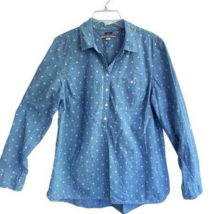 TOMMY HILFIGER Chambray Blue Popover Top  Roll Tab Long Sleeve Womens Size Large